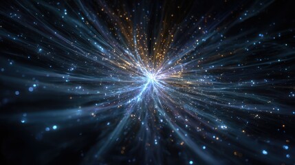 Fototapeta premium Bright particles and glowing light rays radiate outward from a central point, creating a vibrant cosmic explosion effect in a dark space background.