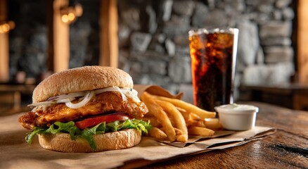 Crispy chicken sandwich with lettuce, tomato, and onion served with fries and cold drink on rustic table