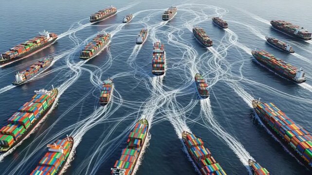 Aerial view of multiple cargo ships carrying containers on the ocean water surface at daytime