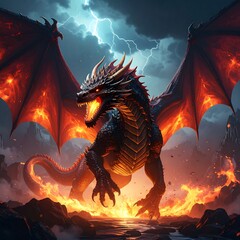 Fiery dragon amidst volcanic landscape