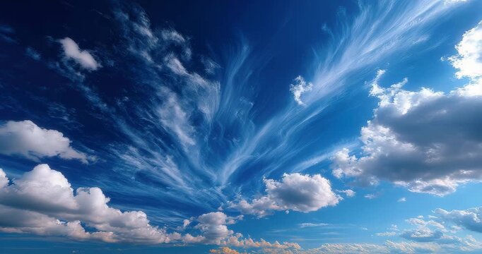 Dynamic sky with wispy cirrus clouds and fluffy cumulus formations