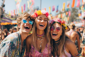 Przyjaciółki bawiące się na letnim festiwalu muzycznym – radość, taniec i kolorowa atmosfera wydarzenia.