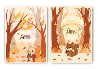 Cute Autumn Squirrel with Acorn in Forest Illustration.