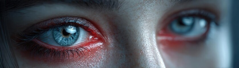 Naklejka premium Swollen eyelids with bags and fatigue concept. A close-up shot emphasizing emotion through striking blue eyes.