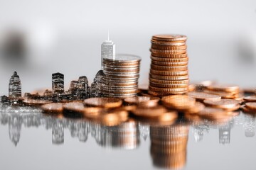 Stacks of coins mirroring city skyline