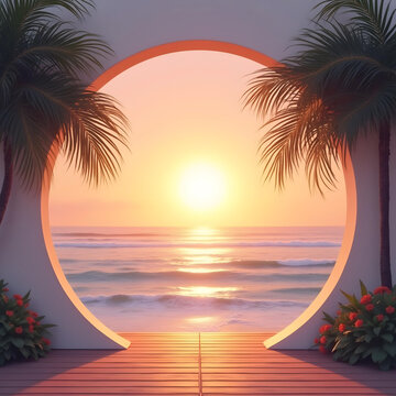 Tropical sunset view through a circular arch with palm trees and ocean waves, serene summer beach landscape perfect for travel, vacation, and relaxation concepts.