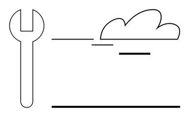 Minimalist wrench and cloud outline represent repair, maintenance, technology, and cloud computing. Ideal for IT support, service, innovation, analytics progress engineering. A simple flat metaphor