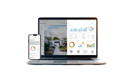 Laptop and phone displaying data and charts isolated on transparent background