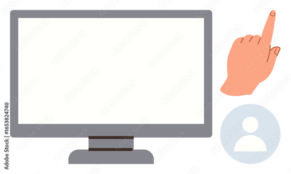 Wall mural hand pointing toward blank monitor screen next to user profile icon. ideal for technology, user inte