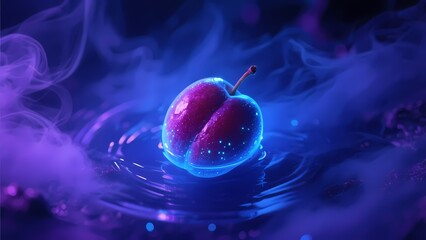 Sci - fi fantasy fruit scene with a glowing plum in water and purple smoke.