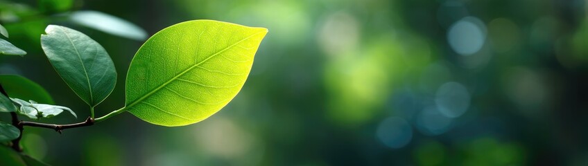 Bright green leaf on a branch, surrounded by out-of-focus foliage