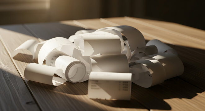 A tangled pile of paper receipts or adding machine tape rests on a wooden surface, illuminated by warm sunlight creating strong shadows.