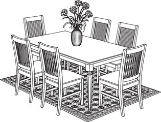 Dining Room Set with Table Chairs and Floral Arrangement on Rug furniture home