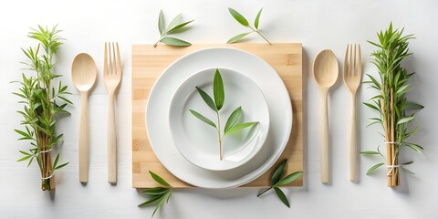 Photo of elegant table setting with wooden utensils, fresh herbs, and a minimalist design on a white background, creating a rustic and ecofriendly dining experience isolated on white background