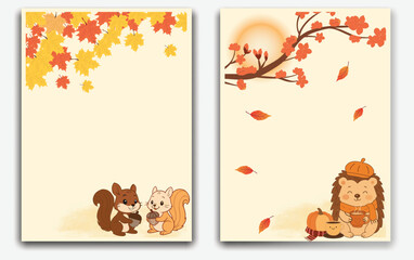 Cute Autumn Squirrel with Acorn in Forest Illustration.
