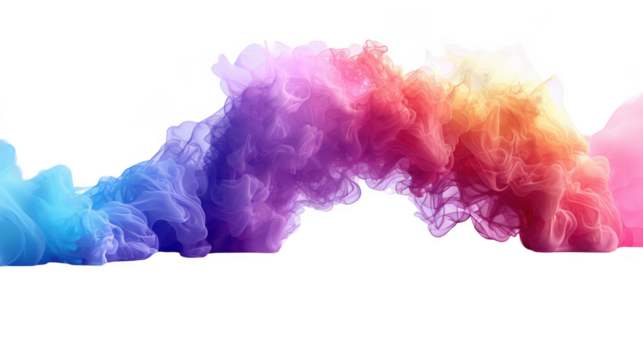 Colorful smoke cloud with a rainbow gradient of blue, purple, pink, orange, and red, isolated on a transparent background