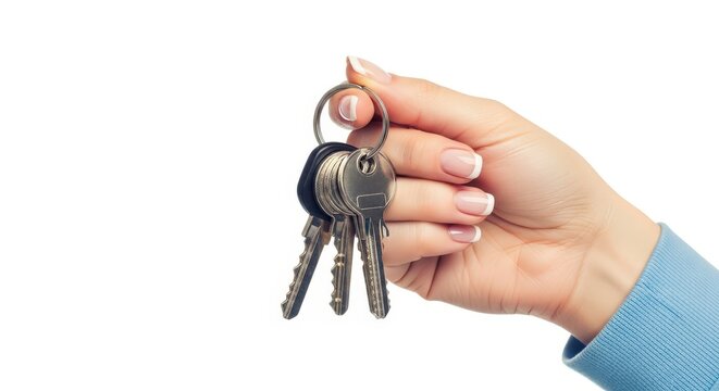 Hand holding keys on white background