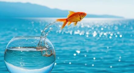 Goldfish jumping out of a bowl to freedom, ocean background