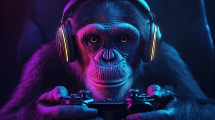 Chimpanzee gamer engrossed in a video game, illuminated by vibrant neon lighting