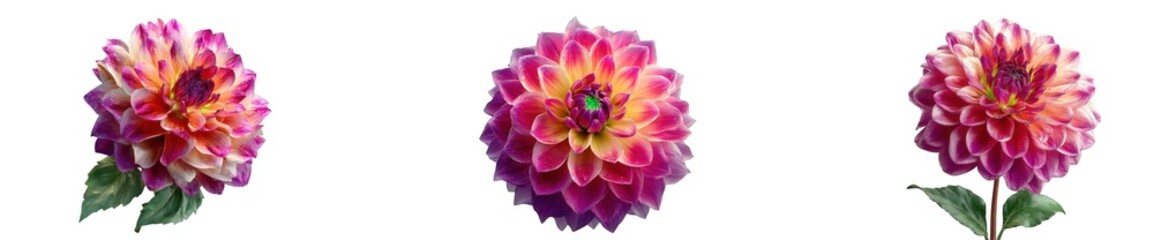 Three vibrant dahlias with pink, purple, and yellow petals, isolated on a transparent background, showcasing their intricate floral beauty and delicate structure