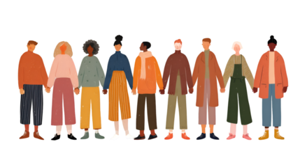 Diverse group of people holding hands isolated on transparent background