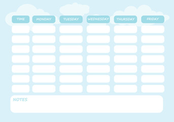 School timetable in blue with clouds. Weekly schedule of classes.