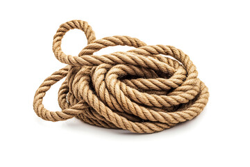 Obraz premium Thick natural fiber rope coiled on a white background
