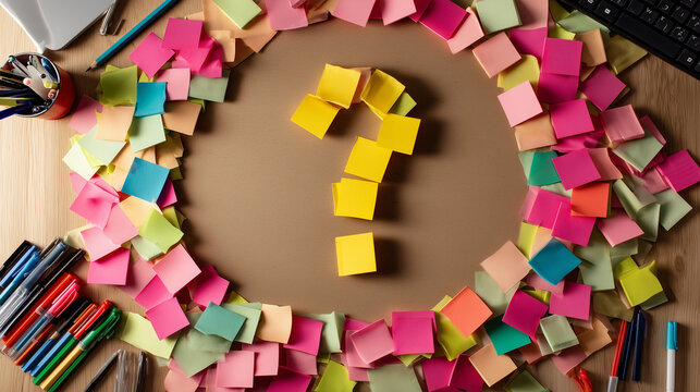 Colorful Sticky Notes in Question Mark Shape on Wooden Desk Surrounded by Craft Supplies and Stationery Tools for Brainstorming and Creativity