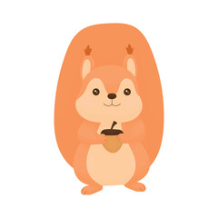 Cute squirrel stands happy with a nut. Autumn wild animals.