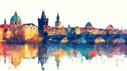 Obraz premium An enchanting view of Prague at sunset reveals stunning architecture along the Vltava River. The warm colors blend beautifully, highlighting the city's rich history and culture.