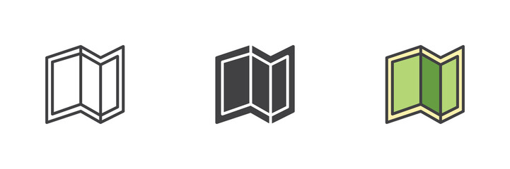 Map folded paper icon set in line, solid and filled outline style