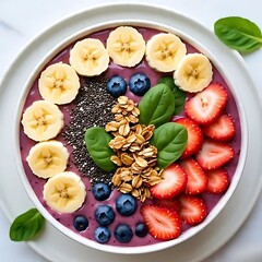 Colorful smoothie bowl topped with fresh banana slices, strawberries, blueberries, spinach leaves, chia seeds, and crunchy granola. Healthy breakfast concept with natural ingredients, vegan food, clea