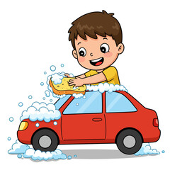 Cheerful cartoon boy in a yellow shirt happily washing a sudsy red toy car with a sponge.