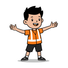 Fototapeta premium Cheerful cartoon boy in an orange safety vest with arms outstretched in a welcoming pose.