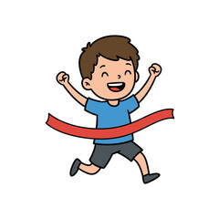 Fototapeta premium Cheerful cartoon boy in blue shirt and grey shorts crossing red finish line arms raised in victory.