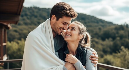 Romantic couple wrapped in blanket on a cabin balcony looking at each other