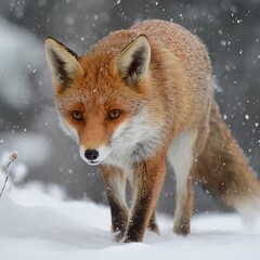 Obraz premium Alert red fox cautiously walks through a snowy winter landscape
