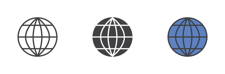 Globe world icon set in line, solid and filled outline style
