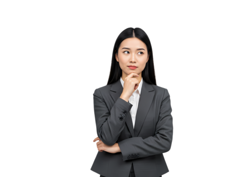 Thoughtful Businesswoman in Suit, Pensive Expression, Decision Making, Problem Solving, Corporate Professional, Isolated on White Background isolated on transparent background