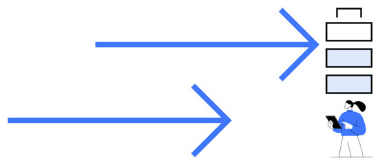 Fototapeta premium Blue arrows point right toward a stack of rectangles, indicating progress or steps. A person in blue analyzes data on a tablet. Ideal for process visualization, task flow, efficiency, project