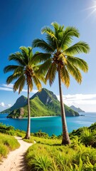 Fototapeta premium Tropical beach scene with two palm trees framing a tranquil bay and mountains under a vibrant sky