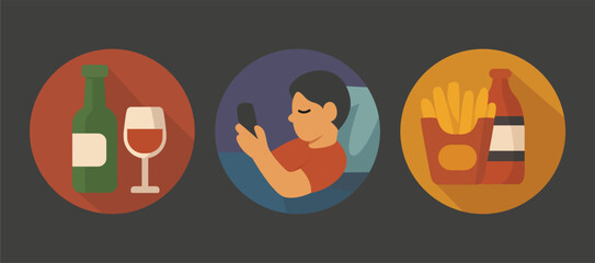 Flat Vector Unhealthy Lifestyle Icon Set – Junk Food, Smoking, Smartphone Addiction, Stress, Overeating Habits