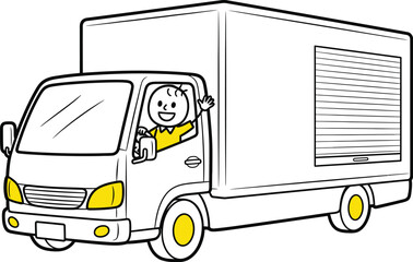 Delivery truck cartoon illustration with driver waving hand