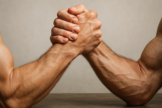 An intense arm wrestling match between two opponents, highlighting strength and competition.