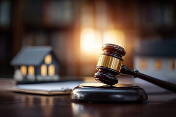 Wooden Gavel And Miniature House On Dark Table For Legal Proceedings