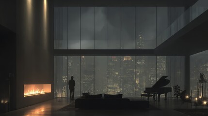 Modern City Apartment Interior At Night With Rainy View