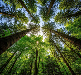 Naklejka premium Looking up Through Lush Green Forest Canopy, Sun Filtering Through Branches 