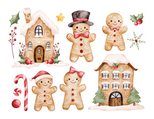 Watercolor Illustration Set of Gingerbread and Christmas Ornaments