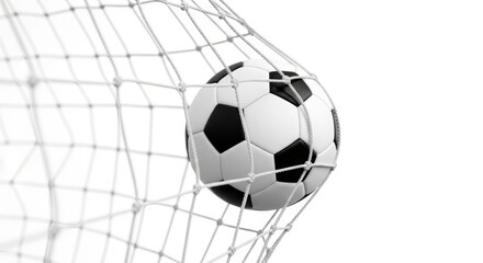 Black and White Soccer Ball in a White Goal Net Isolated on White Background