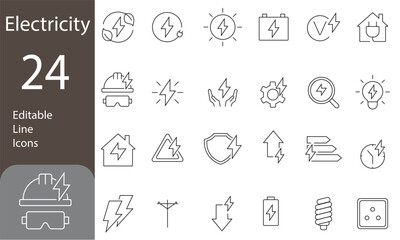 Electricity Editable Line Icons Set. light bulb, cable, wire, voltage and more. Pictograms and infographics, Electricity related icons. Vector illustration
